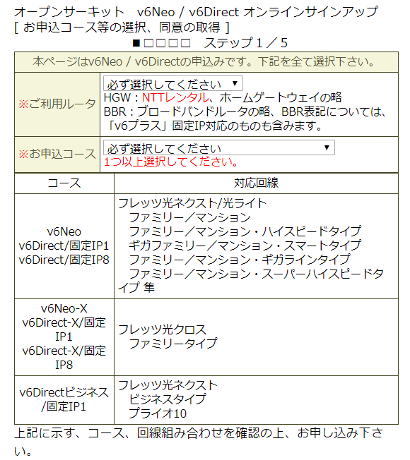 オープンサーキットの申し込み画面